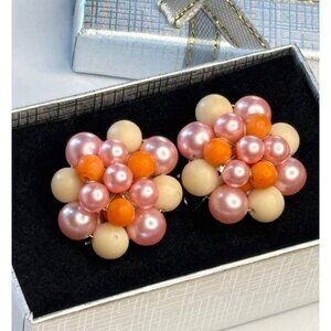 Vintage Japan Cluster Clip-On Earrings Pink & Orange Faux Pearls Flower Design W